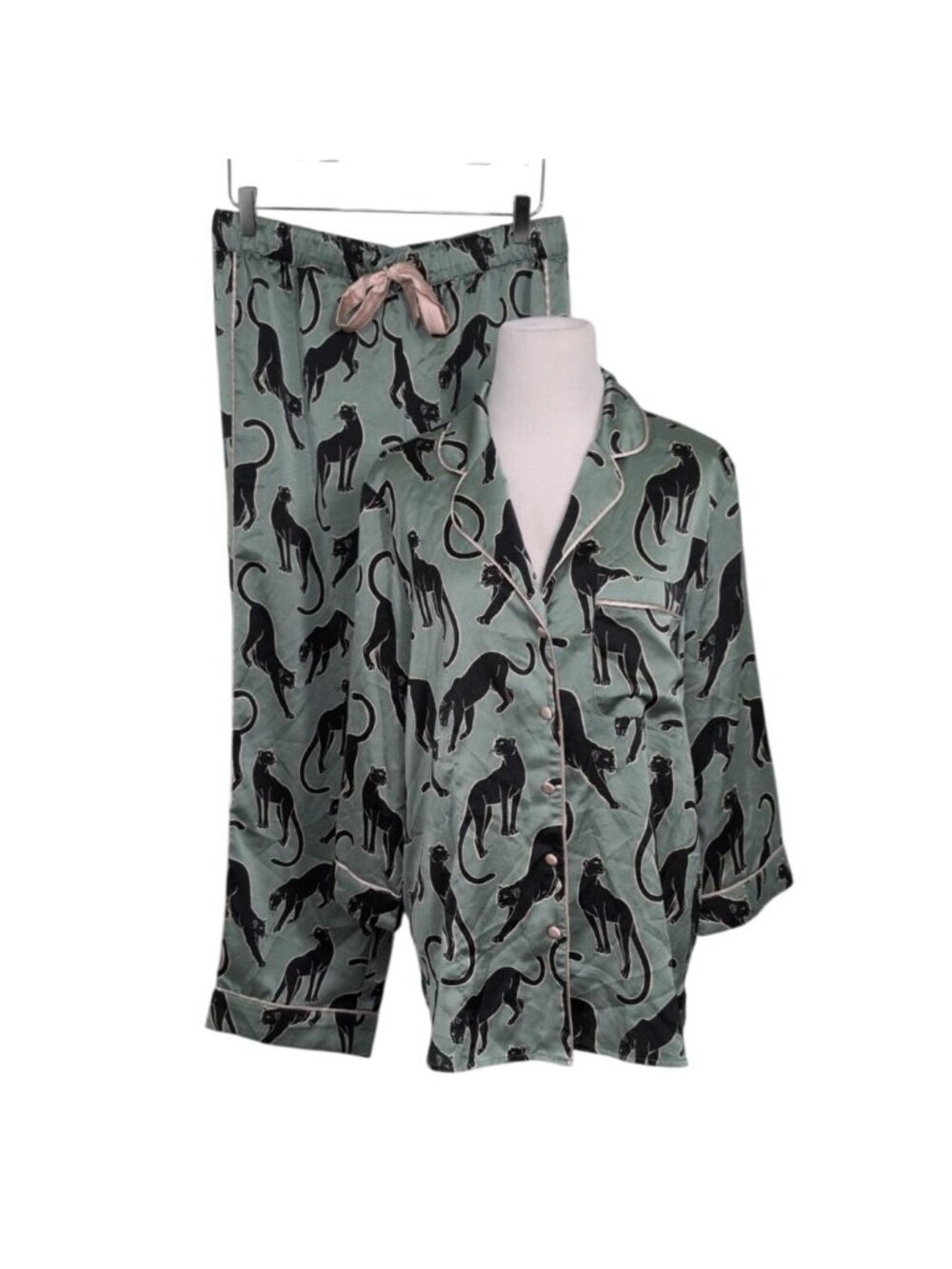 Ann Taylor Satin Pajama Set Womens Size Medium Green Black Panther 2 Piece